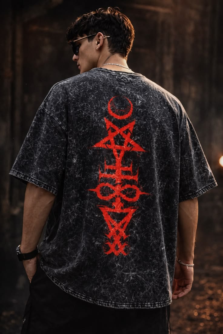 Men's Dark Gothic Style Print Cotton Washed T-Shirt