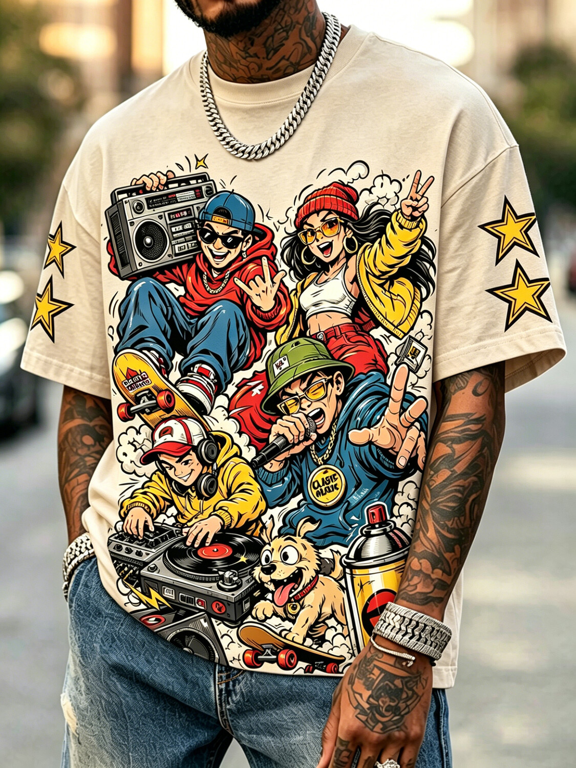 Men's Cartoon Hip‑Hop Skateboard DJ Character Print T-Shirt