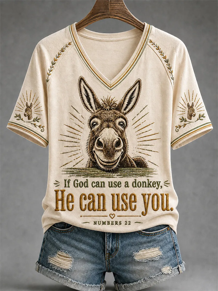 Women's If God Can Use A Donkey He Can Use You Bible Verse Donkey Print Casual T-Shirt