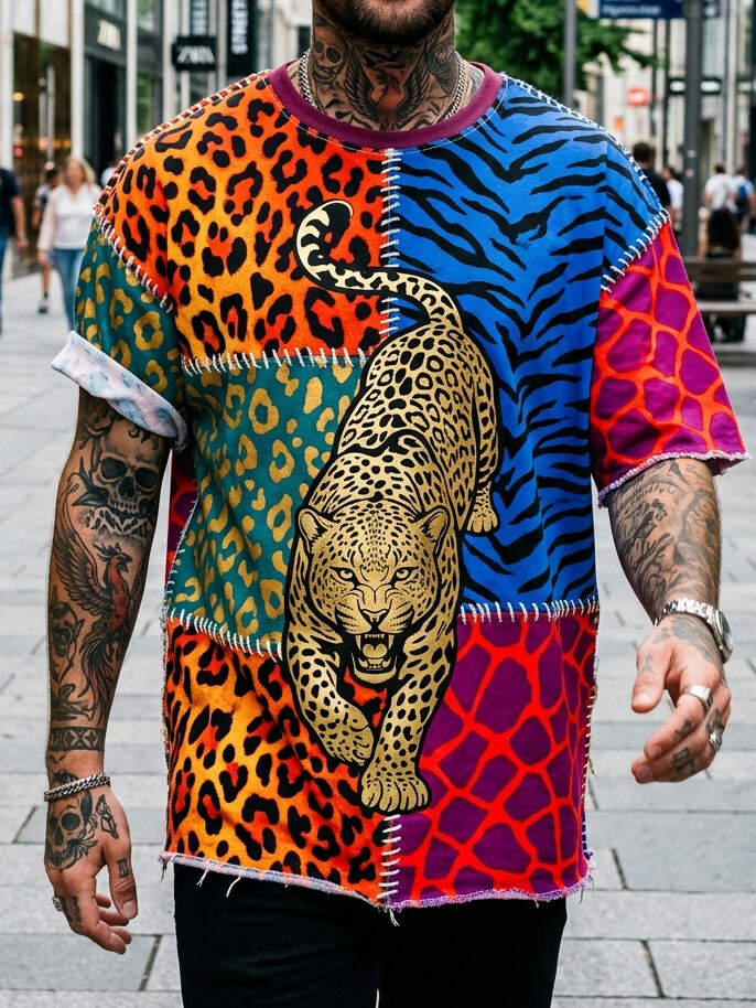 Men's Colorful Patchwork Leopard Print Drop Shoulder Casual T-Shirt