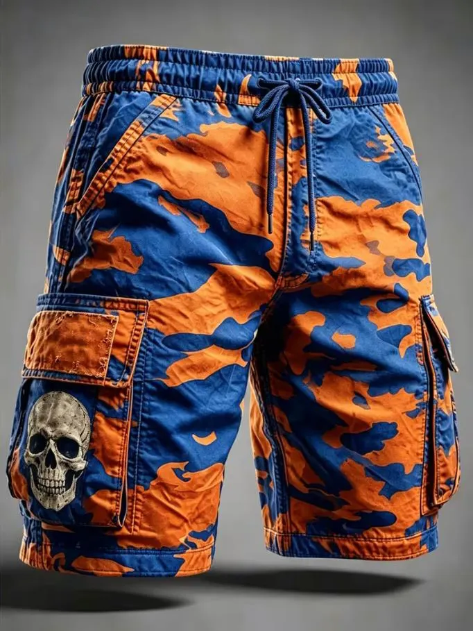 Men's Camo Skull Art Print Drawstring Waist Casual Shorts
