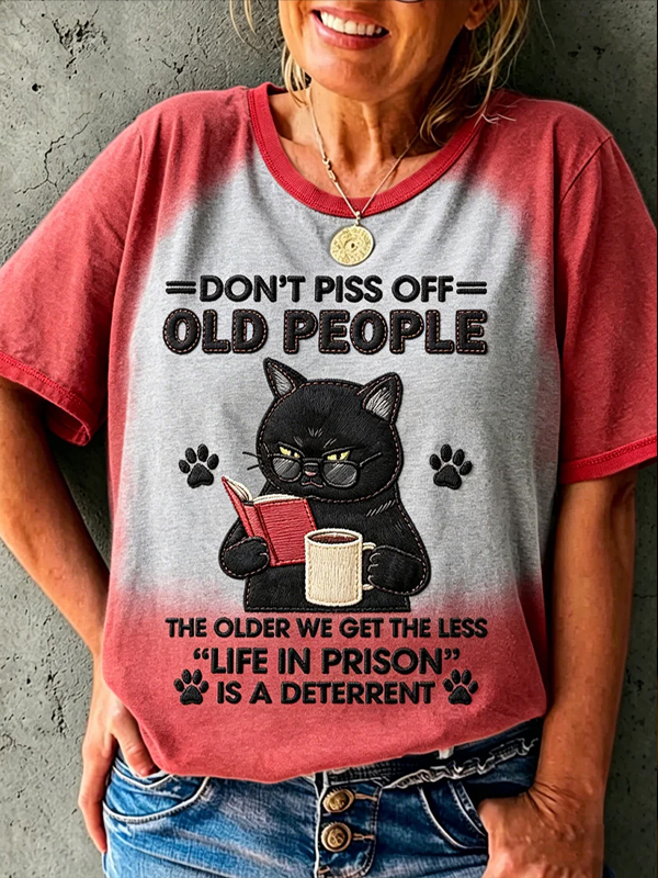 Women's Fun Cat Don'T Piss Off Old People Print Casual T-Shirt