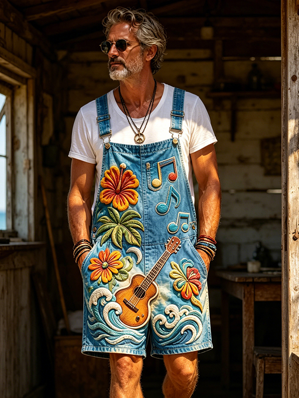 Men's Ukulele Hibiscus Music Note Wave Print Shorts Overalls