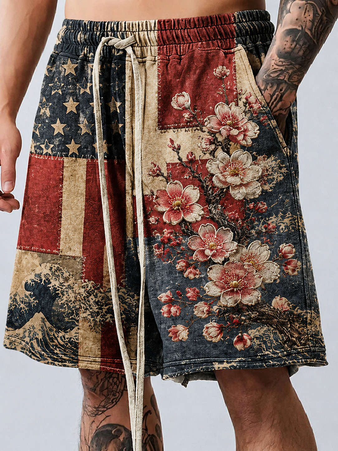 Men's American Flag And Cherry Blossom Patchwork Print Casual Shorts