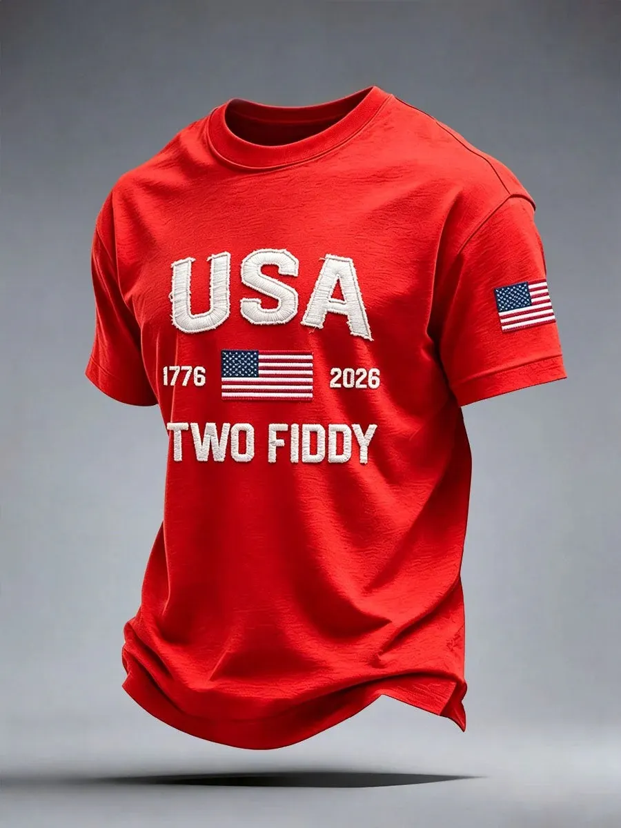 Men's USA 1776 Two Fiddy Frayed Letter Patch American Flag Print Cotton Casual T-Shirt