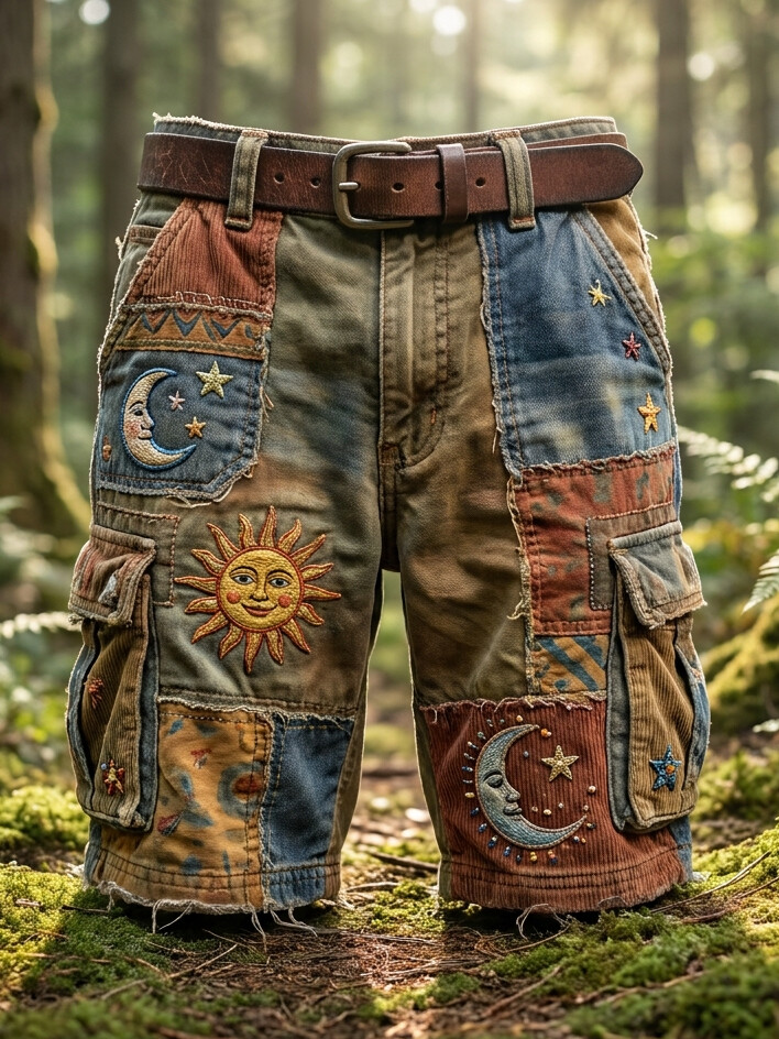 Men's Patchwork Sun Moon Star Boho Art Print Denim-Like Cargo Shorts