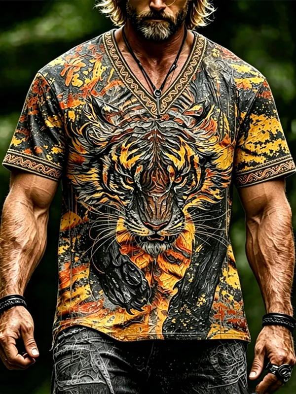 Men's Vintage Orange Tiger Fall Leaf Distressed Art Print V Neck T-Shirt