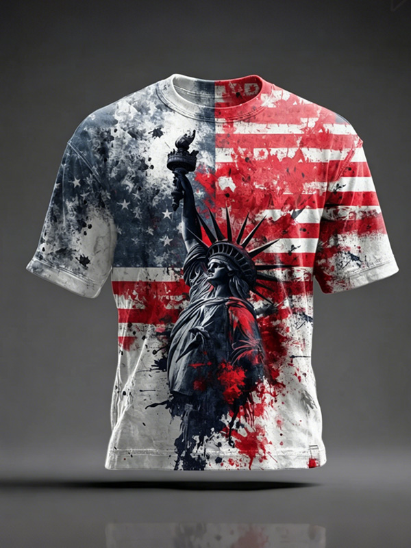 Men's Statue of Liberty American Flag Tie Dye Art Print Casual T-Shirt