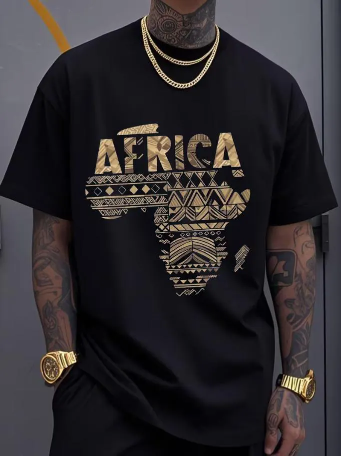 Men's Map of Africa Tribal Geometric Print Cotton Casual T-Shirt