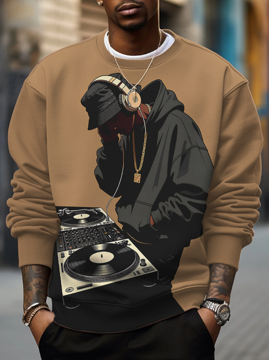Men's Vintage DJ Turntable Art Print Casual Sweatshirt