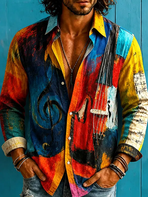 Men's Colorful Oil Painting Cello Music Graffiti Retro Art Print Long Sleeve Shirt