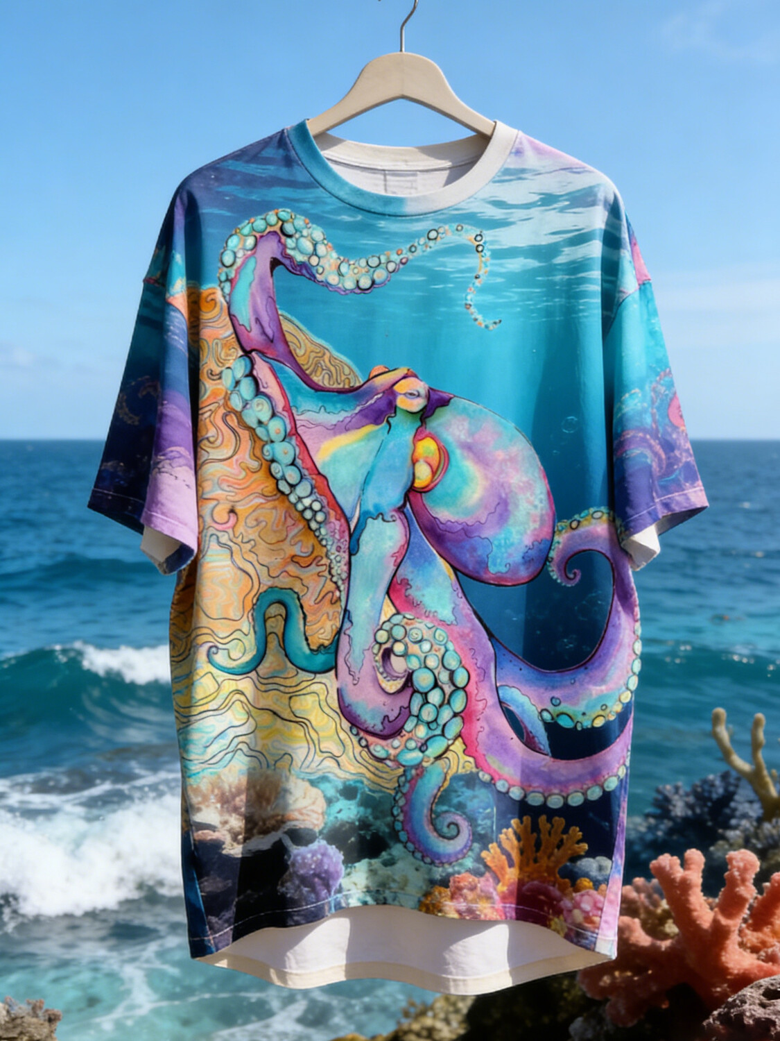 Men's Watercolor Octopus Underwater Ocean Art Print T-Shirt