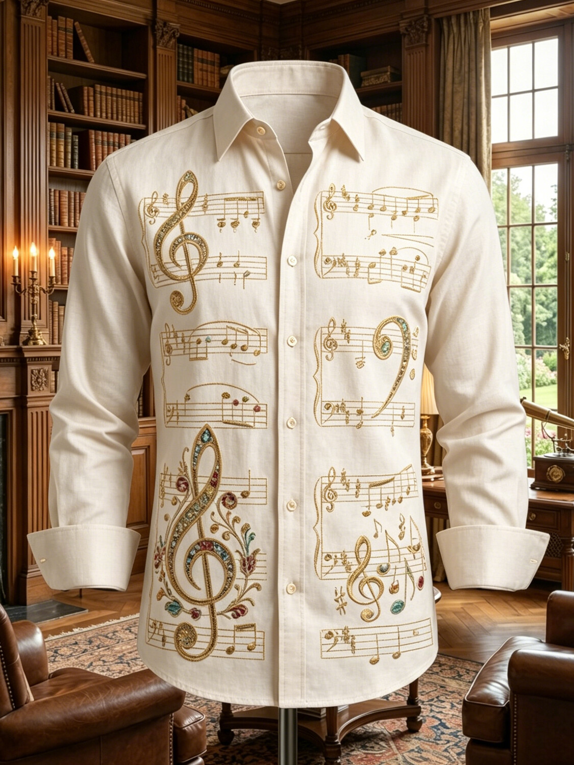 Men's Music Note And Sheet Music Art Print Long Sleeve Shirt