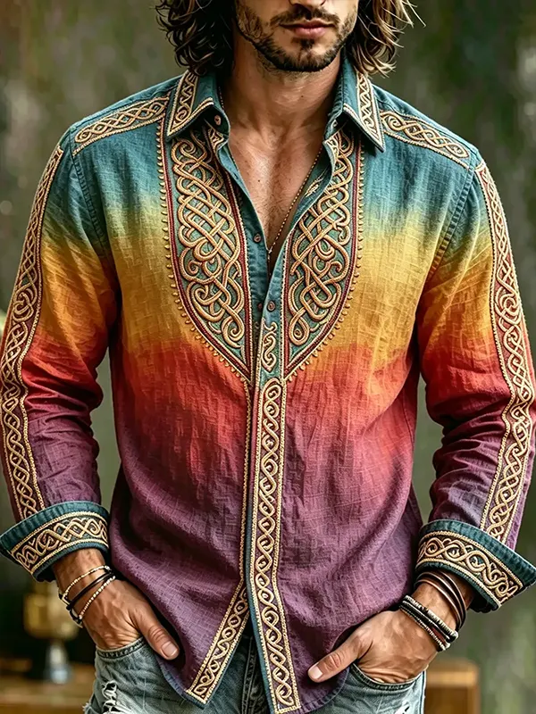 Men's Colorful Gradient Celtic Art Print Long Sleeve Shirt