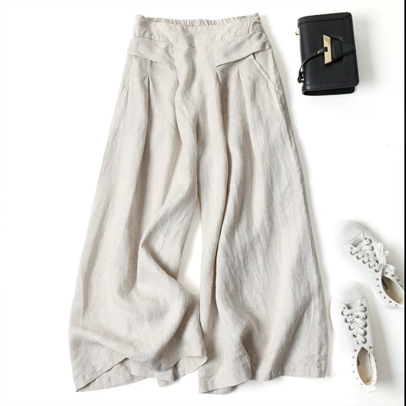 Women's Cotton Linen Culottes Pants Elastic Waist Wide Leg Palazzo Trousers Capri Pants with Pockets
