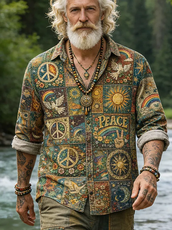 Men's Hippie And Peace Elements Patchwork Art Print Long Sleeve Shirt