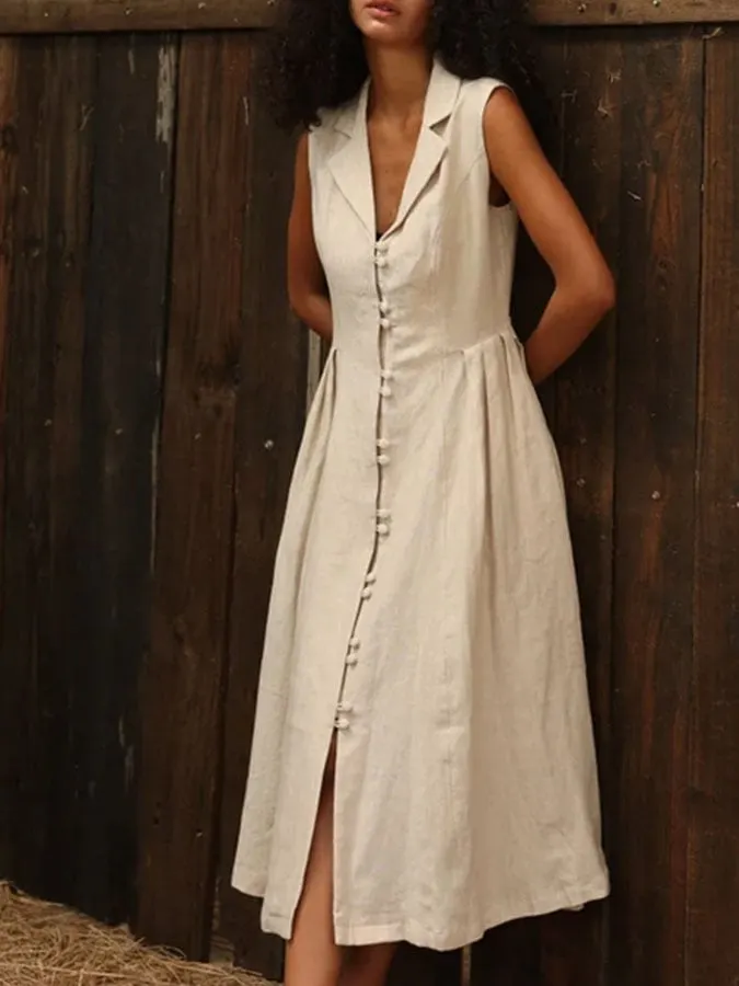 Women's Casual Solid Color Lapel Sleeveless Button Dress
