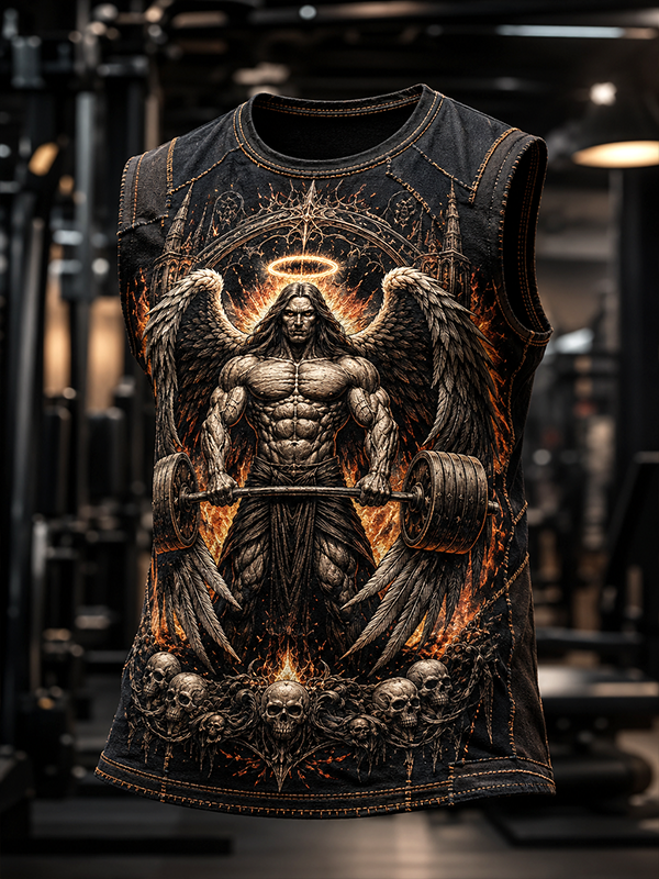 Men's Gothic Winged Angel Weightlifting Skull Art Print Tank Top