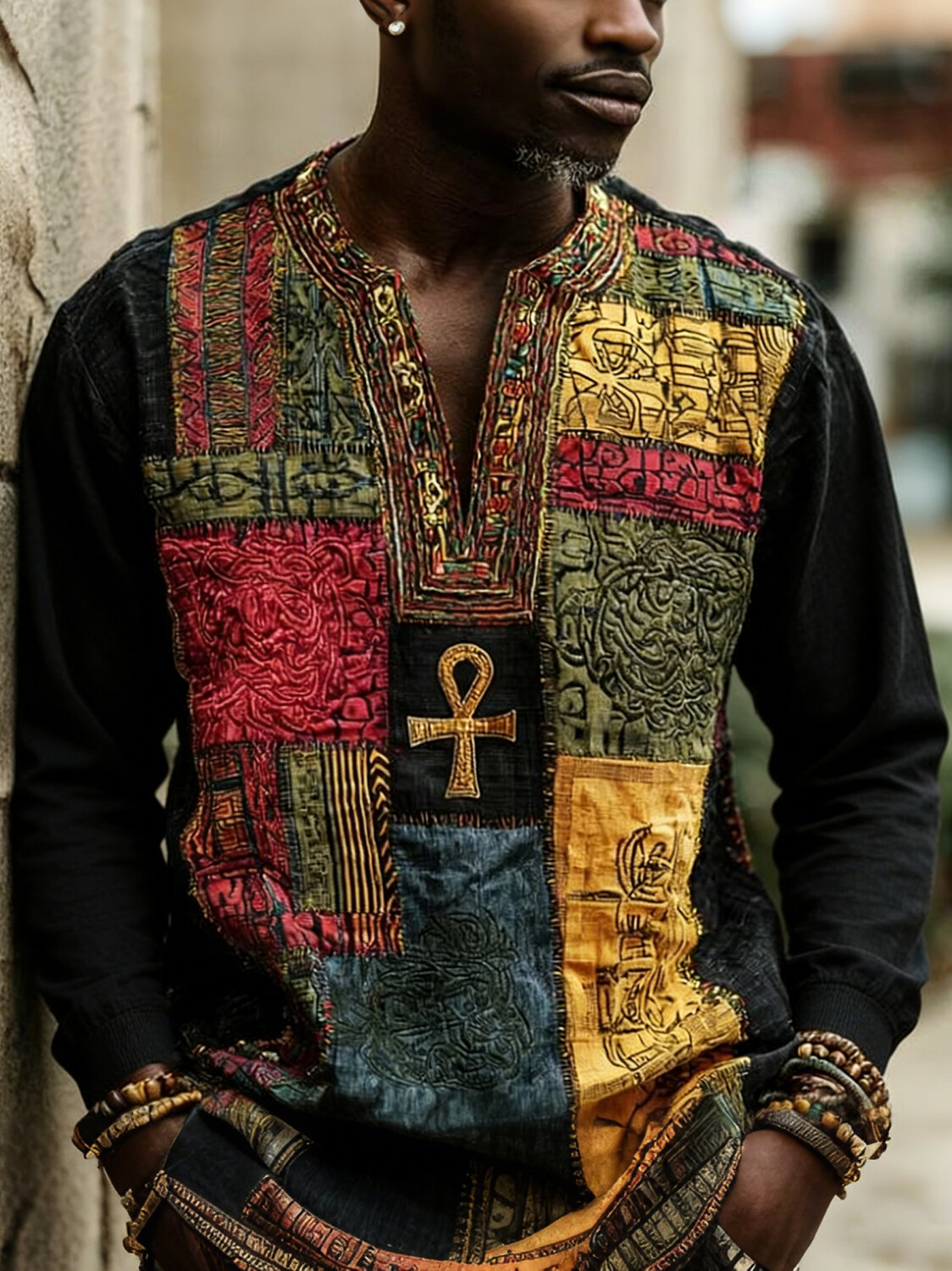 Men's Retro Egyptian Ethnic Geometric Art Print V Neck Long Sleeve T-Shirt