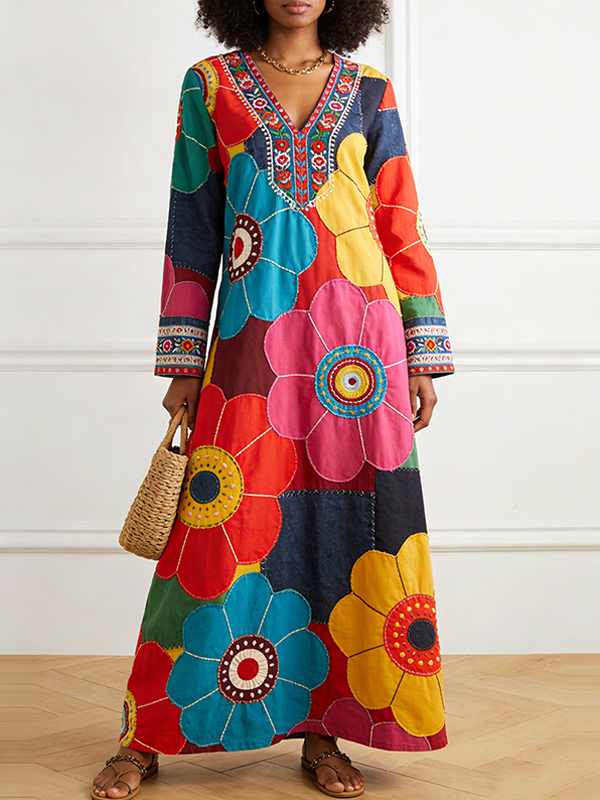 Women's Colorful Floral Ethnic Pattern Patchwork Print Long Sleeve Maxi Dress