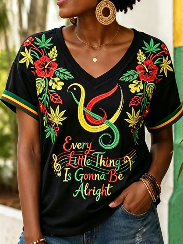 Women's Rasta Reggae Hibiscus Bird Art Print V Neck Short Sleeve T-Shirt