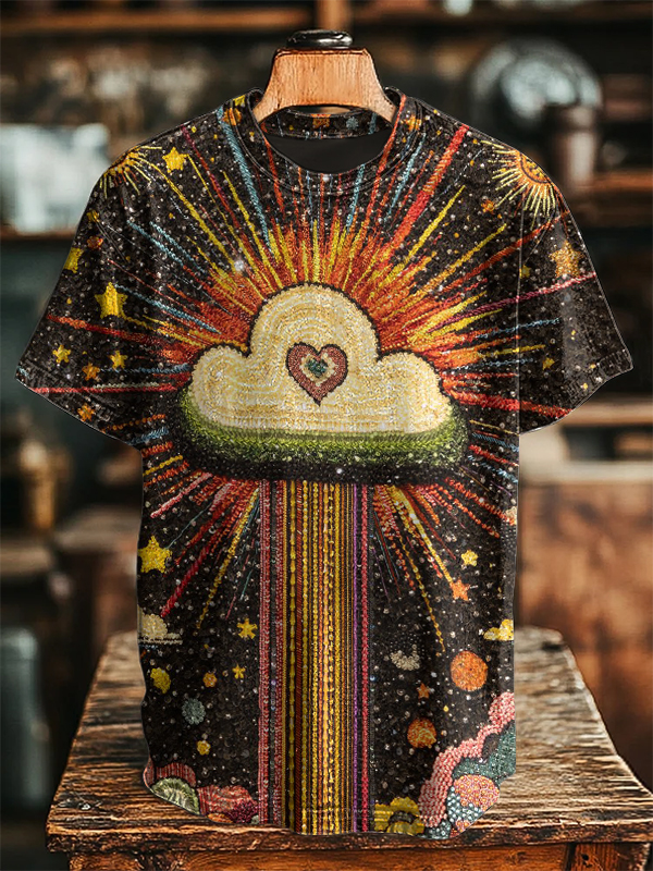 Men's Vintage Rainbow Cloud And Heart Art Print T-Shirt