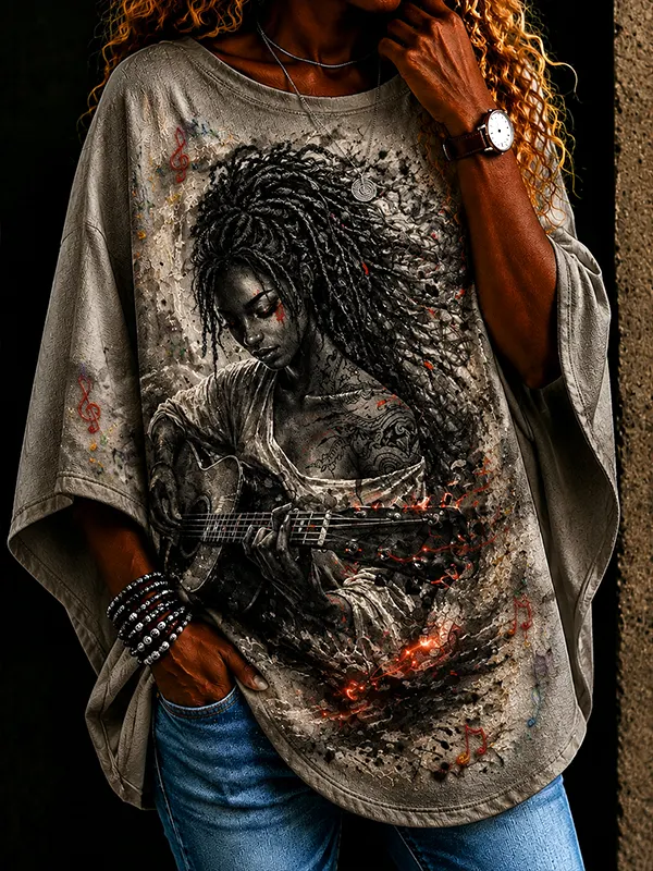 Women's Vintage Grunge Black Girl Playing Guitar Music Note Art Print Casual T-Shirt