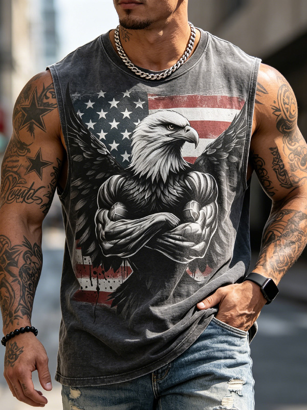 Men's Vintage Washed American Flag Eagle Art Print Tank Top