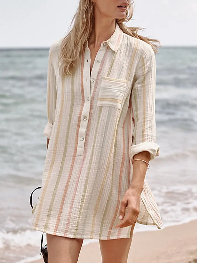 Women's Casual Lapel Striped Print Button Dress