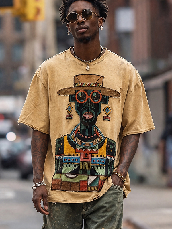 Men's Black Abstract Geometric Art Print Drop Shoulder Casual T-Shirt
