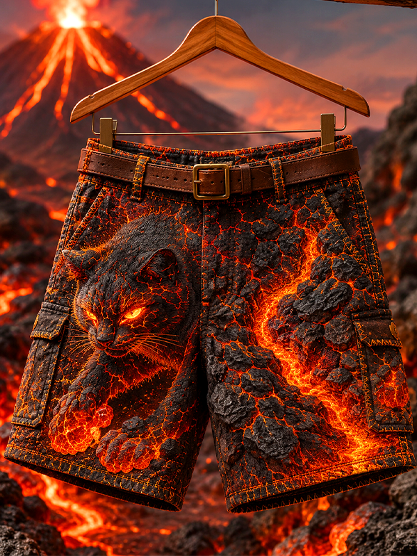 Men's Retro Cat Lava Dark Art Print Casual Shorts
