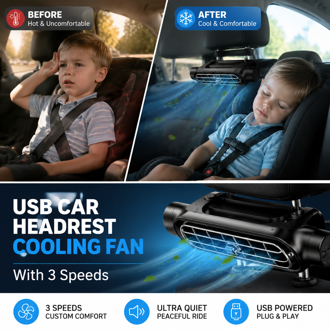 USB Car Headrest Cooling Fan with 3 Speeds