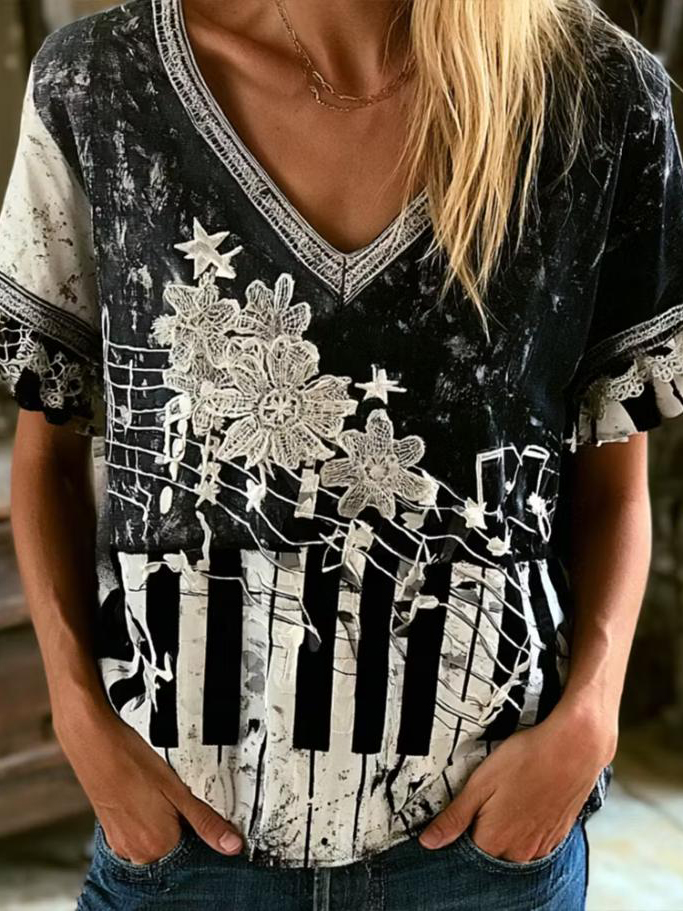 Women's Piano Flower Music & Art Print V Neck Short Sleeve T-Shirt