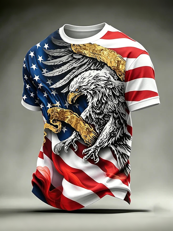 Men's Independence Day American Flag Bald Eagle Print Casual T-Shirt