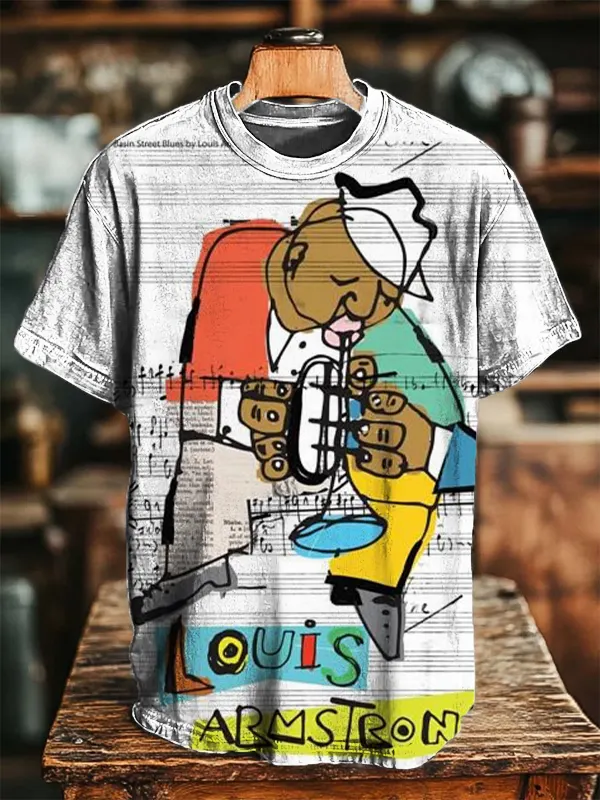 Men's Louis Armstrong Jazz Trumpet Player Graffiti Music Note Print T-Shirt