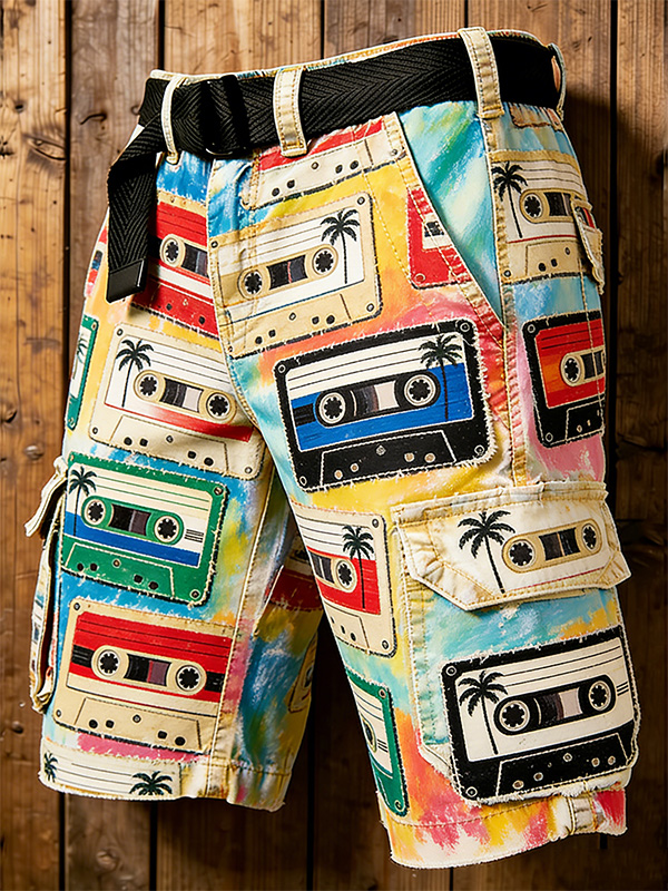 Men'S Retro Colorful Musical Palm Tree Oil Painting Art Print Denim-Like Cargo Shorts
