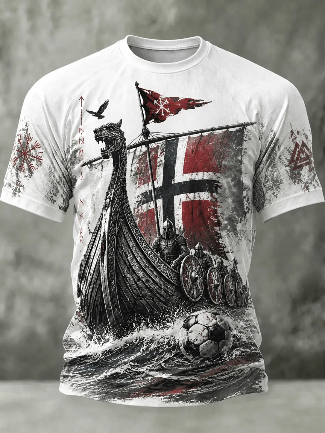 Men's Vintage Norway Viking Ship Football Rune Print T-Shirt