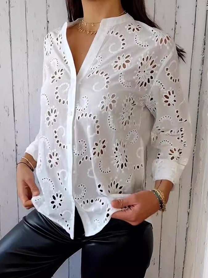 Women's Solid Color V-Neck Hollow Design Casual Shirt