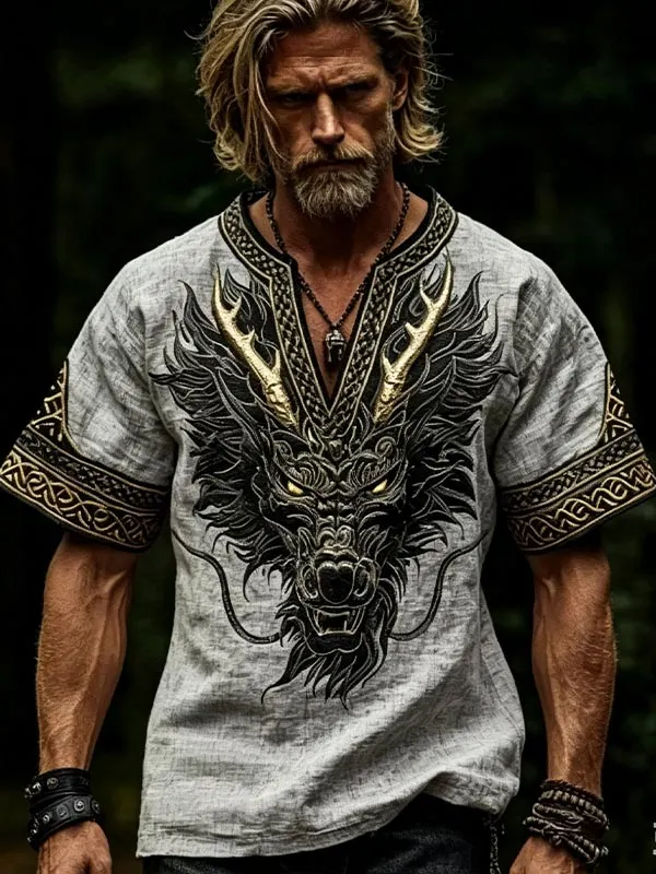 Men's Dragon Ethnic Art Print Casual Notch Neck T-Shirt