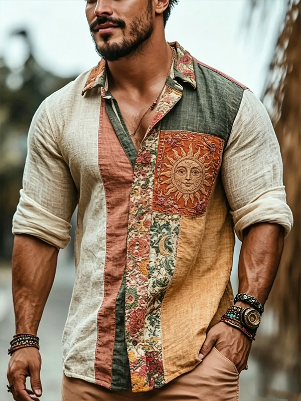 Men's Bohemian Patchwork Sun Moon Art Print Long Sleeve Shirt