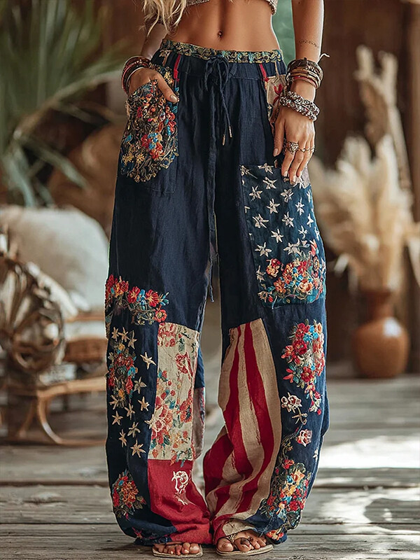 Women's Independence Day American Flag Flowers Colorblock Patchwork Print Casual Pants