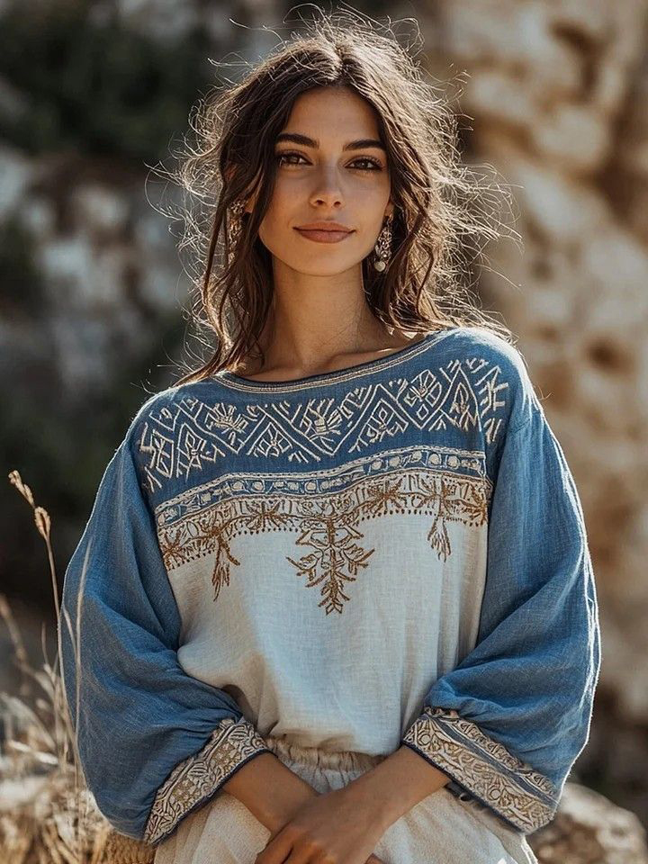 Women's Boho Geometric Color Block Print Long Sleeve T-Shirt