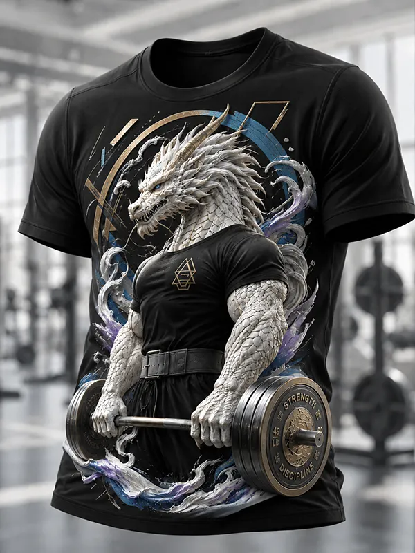 Men's Dragon And Dumbbell Japanese Art Print Workout T-Shirt