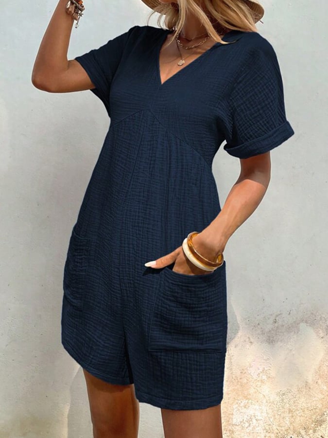 Women's Fashion Solid Color V Neck Loose Bat Sleeve Pocket Zipper Short Sleeve Jumpsuit