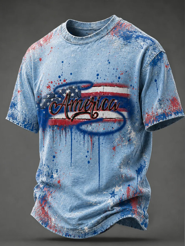 Men's America Spray Paint Splatter American Flag Print T-Shirt