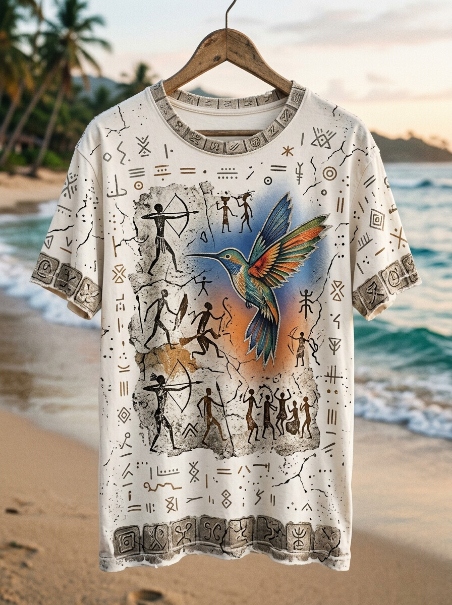 Men's Hummingbird Cave Painting Tribal Primitive Art Ethnic Style Print T-Shirt