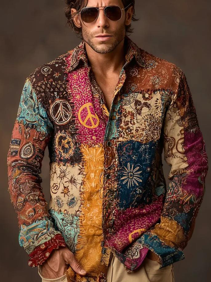 Men's Retro Flowers Hippie Art Peace Sign Print Long Sleeve Shirt