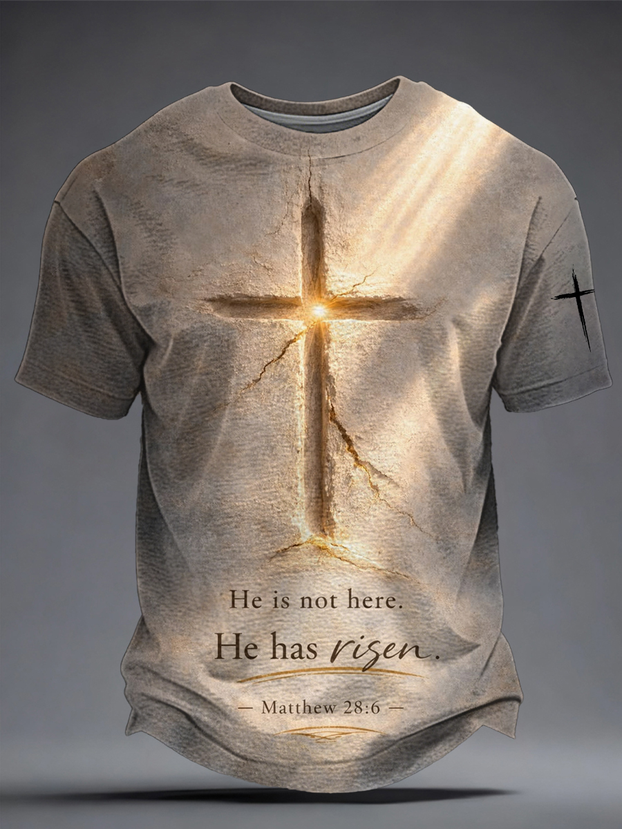 Men's Stone Texture Cross He Has Risen Art Print T-Shirt