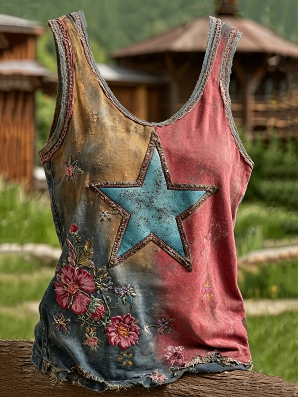 Women's Distressed Washed Star Floral Patchwork Print Casual Tank Top