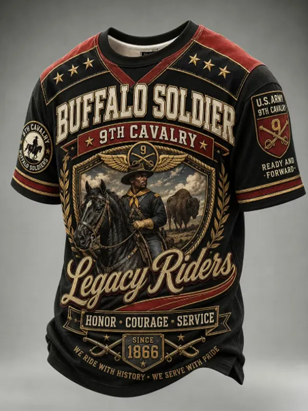Men's Retro Western Style Buffalo Soldiers Legacy Riders Print Casual T-Shirt